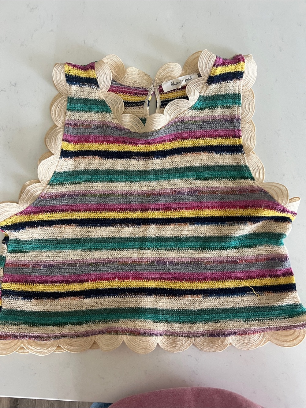 Blue Tassel Cream-Trim Multicolor Striped Scallop Tank